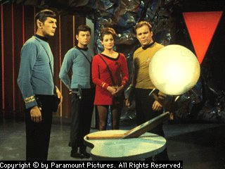 Dr. Ann Mulhall on Sargon's planet with Captain Kirk, Mr. Spock & Dr. McCoy