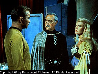 Captain Kirk with Lenore and Anton Karidian, the principal members of the Karidian Players