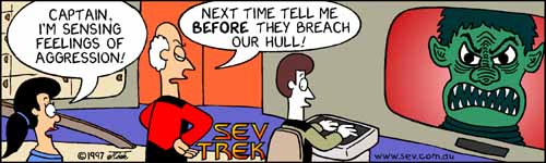 Sev Trek - cartoon spoofs
      of Star Trek. Copyright 1997 by John Cook.